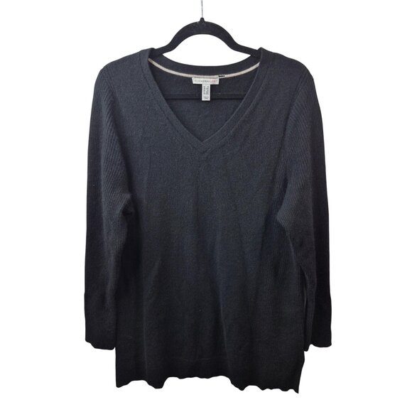 Isaac Mizrahi Womens Sweater 1X Black 100% Cashmere V Neck Long Sleeve Pullover - Picture 1 of 6